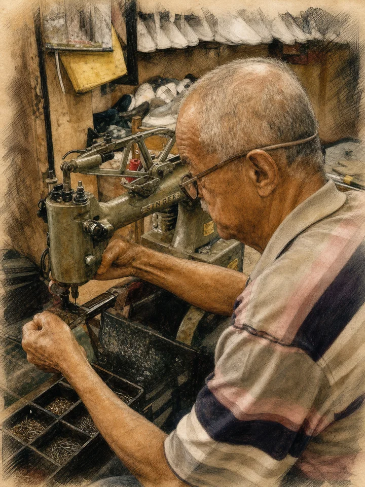 Older Sidon craftsman concentrating on detailed work at a compact industrial machine
