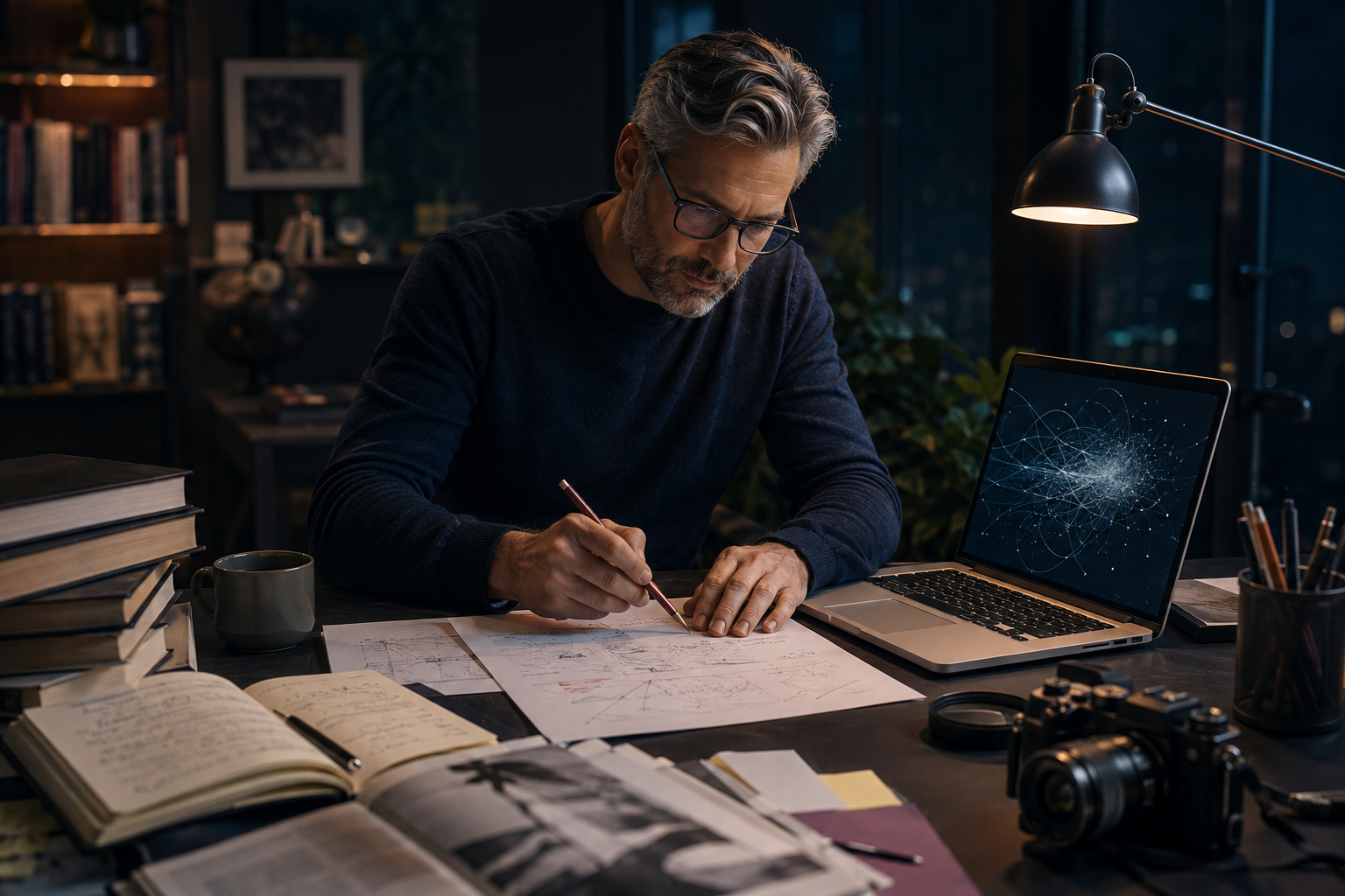 An experienced professional reviews AI-assisted work with a pencil beside books, notes, a camera, and a laptop