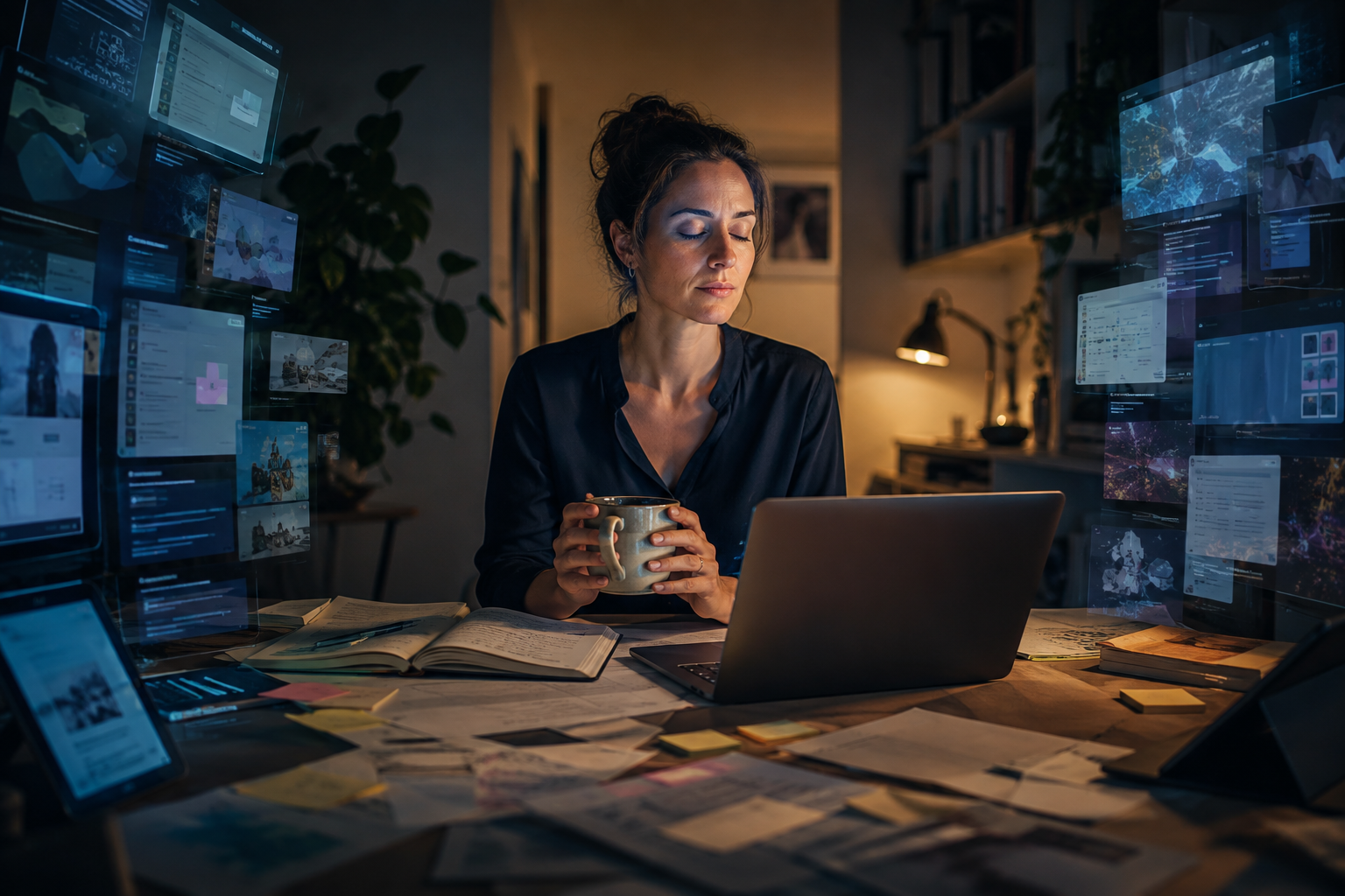 A professional pauses calmly at a desk while many abstract digital interfaces compete for attention around her