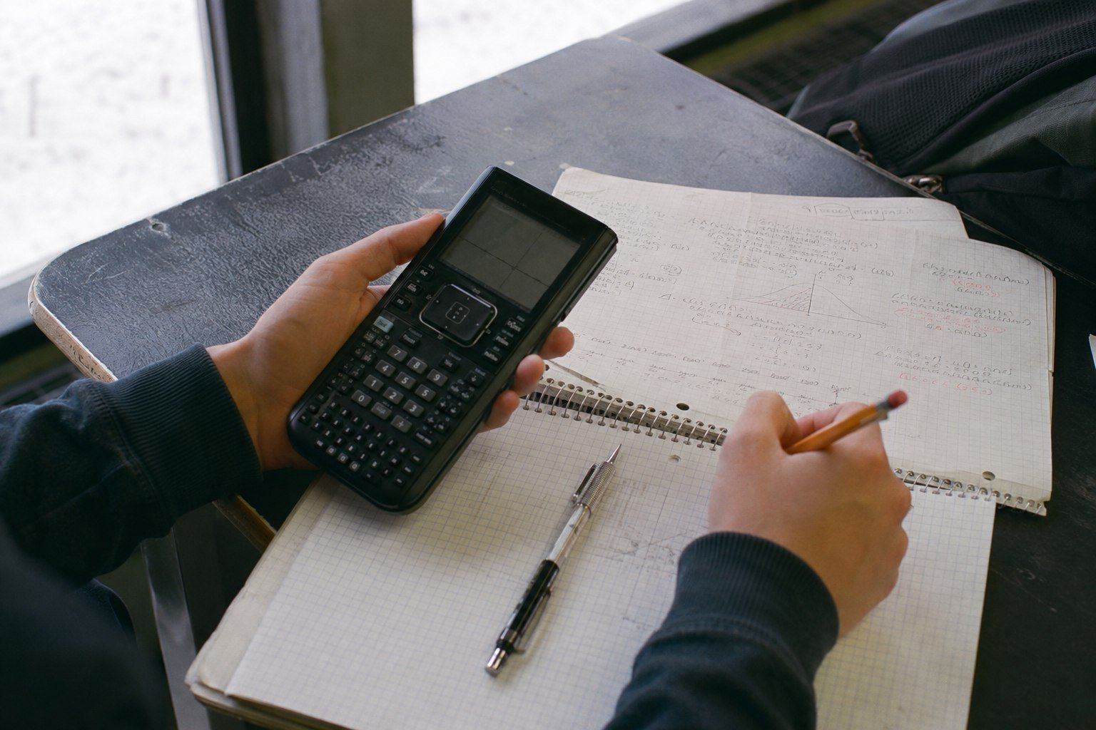 A student works through engineering notes with a graphing calculator and pencil at a worn desk