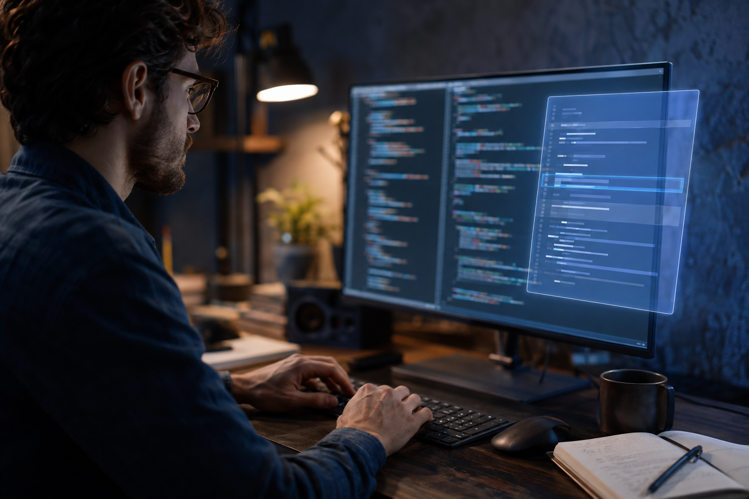 A developer types while a subtle suggestion panel appears beside the code editor