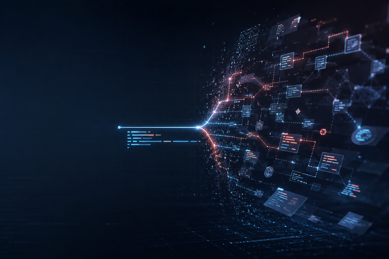 An abstract software system branches from clean code into convincing but impossible paths on a dark blue interface