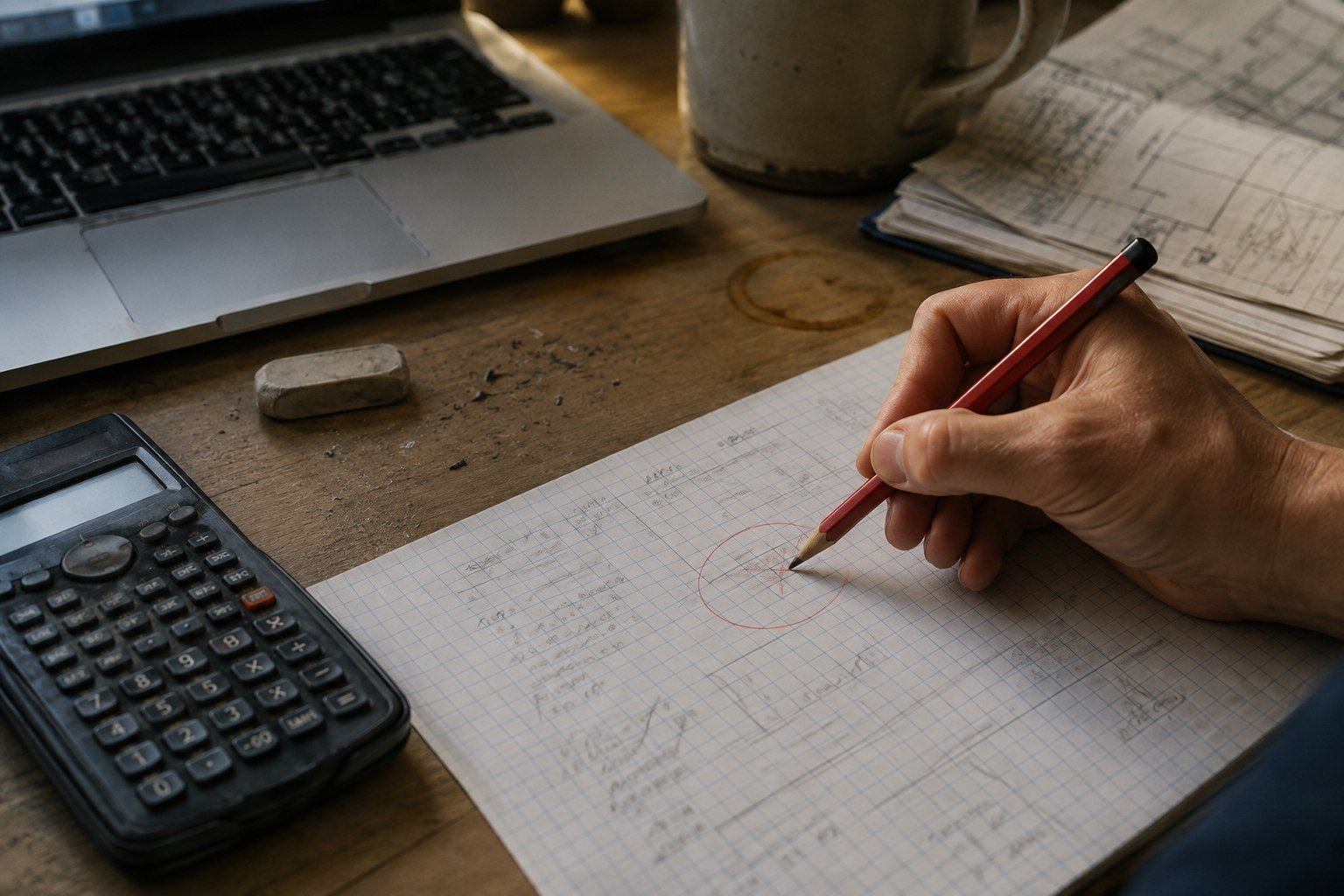A hand uses a red pencil to correct a result on graph paper beside a calculator and laptop