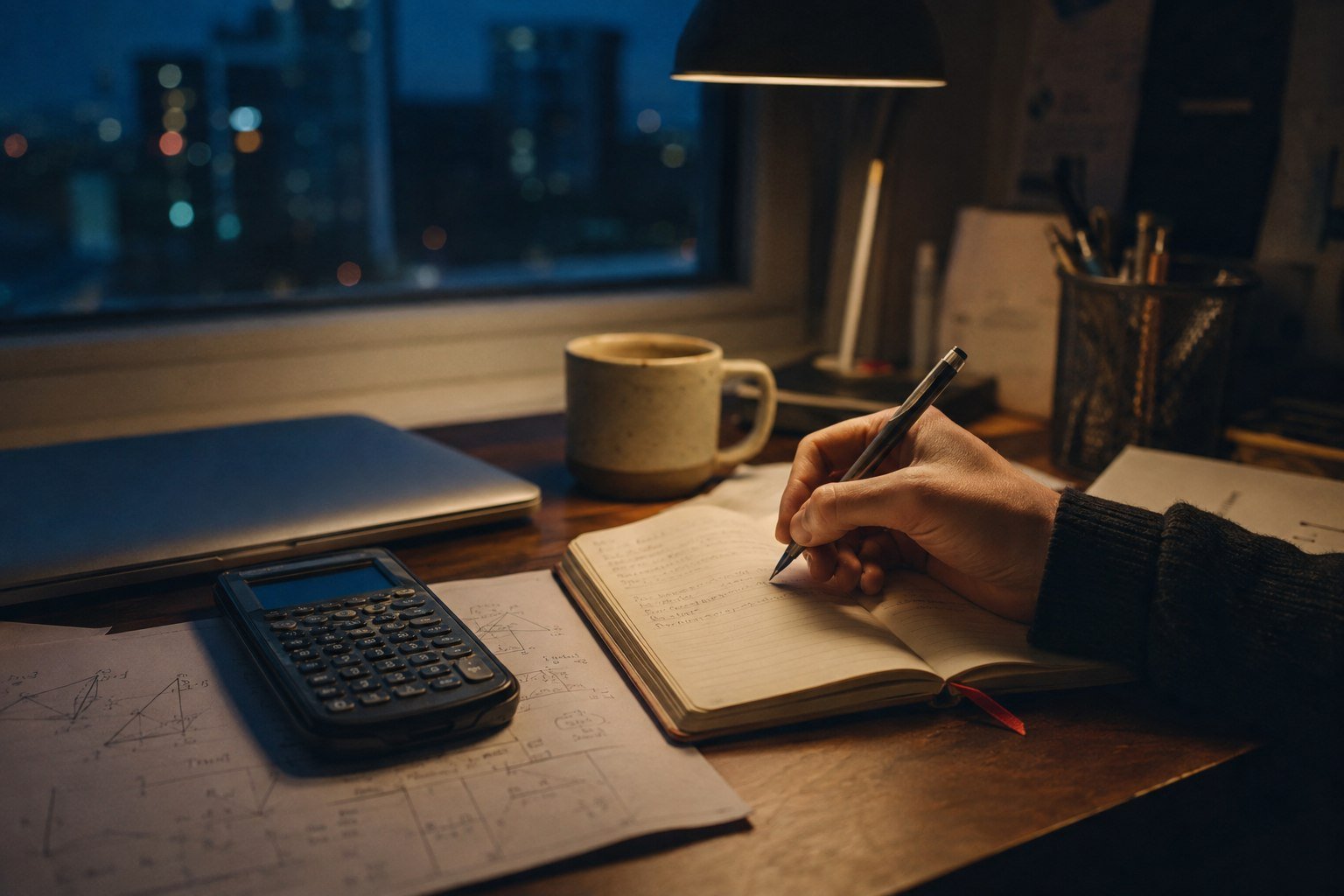 A person writes in a notebook at an evening desk while a calculator and closed laptop sit to the side