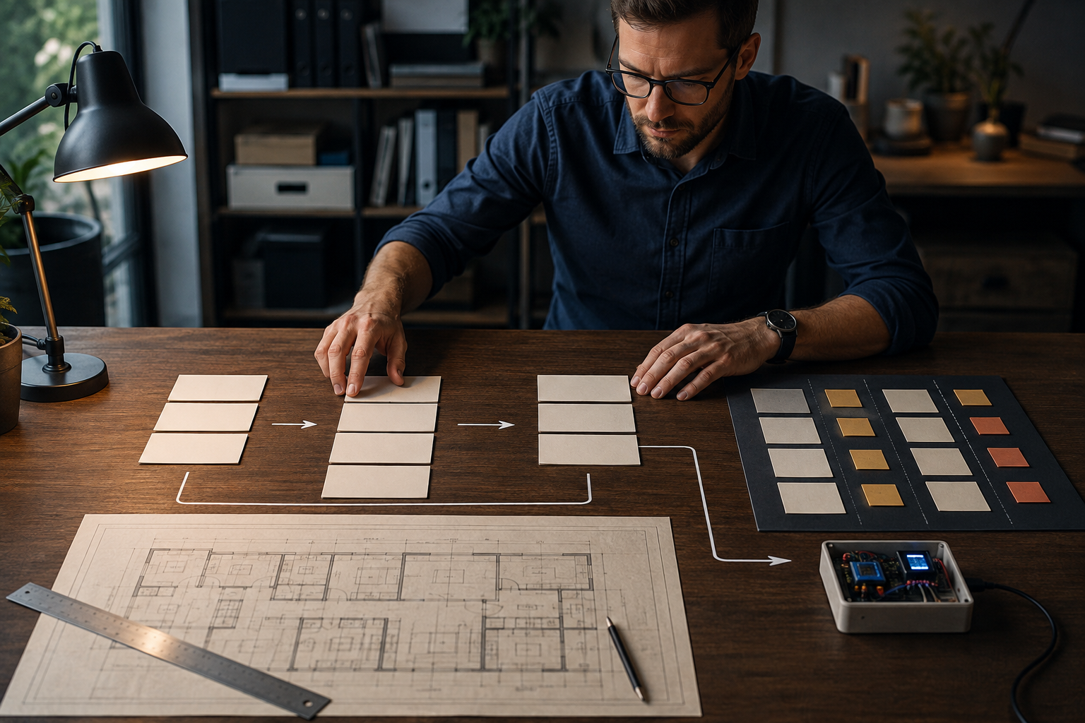 A developer organizes requirements cards, an architectural blueprint, and implementation tasks leading to a prototype