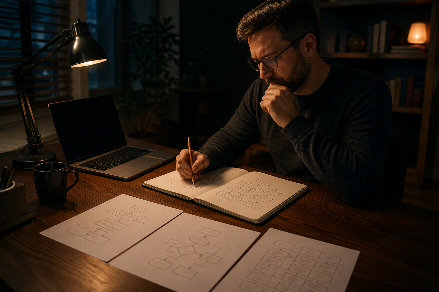 A developer sketches a flowchart in a notebook beside a laptop and three planning sheets under a warm desk lamp.