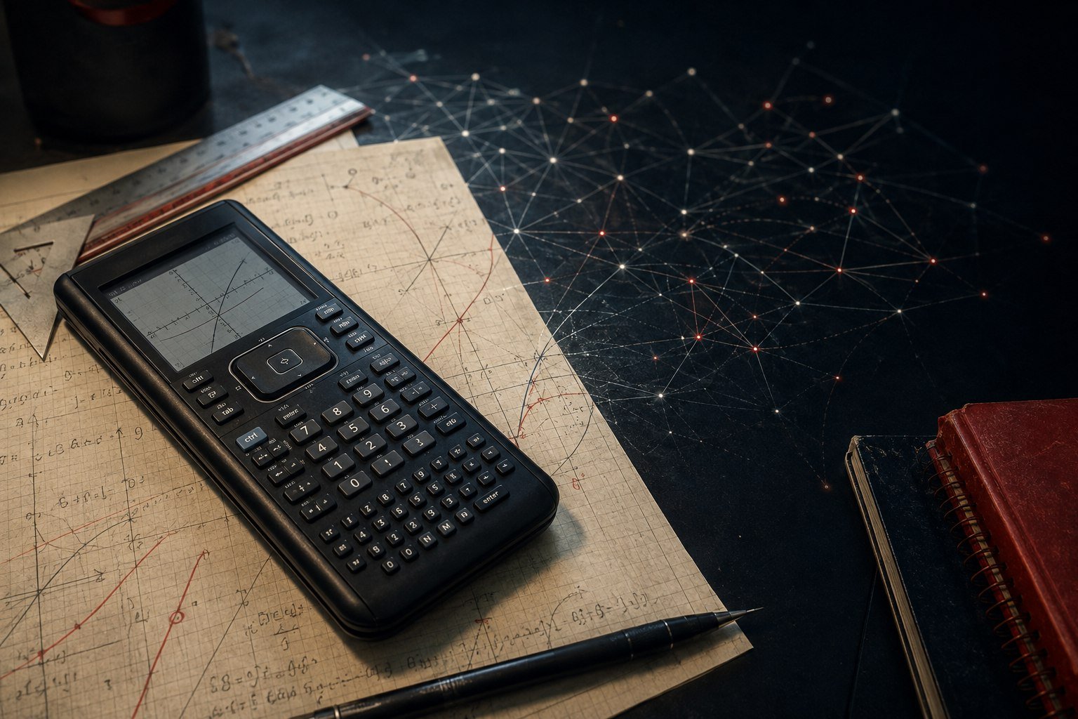 A graphing calculator resting on handwritten calculus notes as a subtle network of light extends across the desk